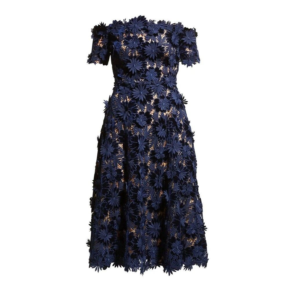 NWT.$5990 OSCAR DE LA RENTA Velvet And Guipure Lace Dress Sz 14 blue